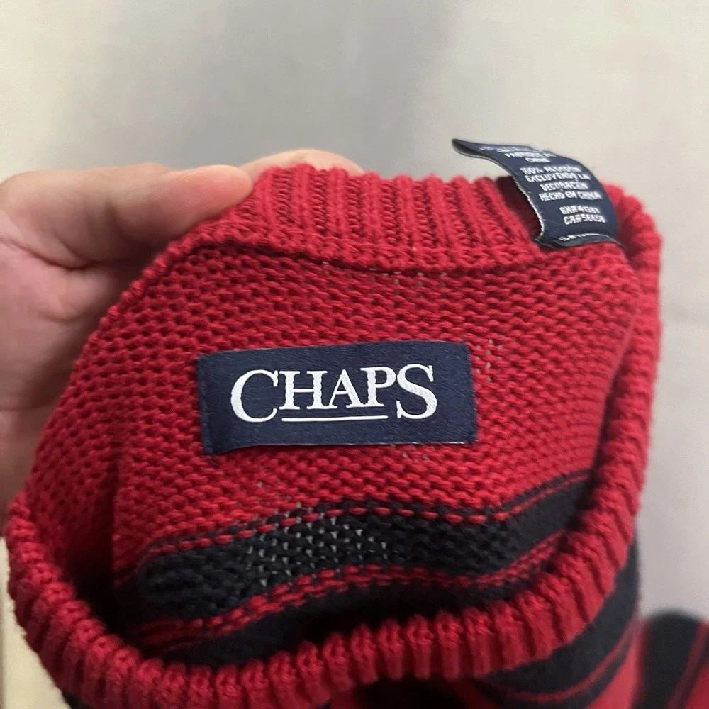 Chaps Sweater Men's Medium Red Black Striped Cotton Knit Pullover Heavyweight